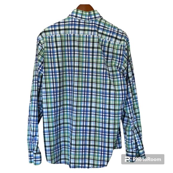 Neiman Marcus Check Plaid Blue Green White Long Sleeve Button Up Shirt Men's L - Picture 3 of 3
